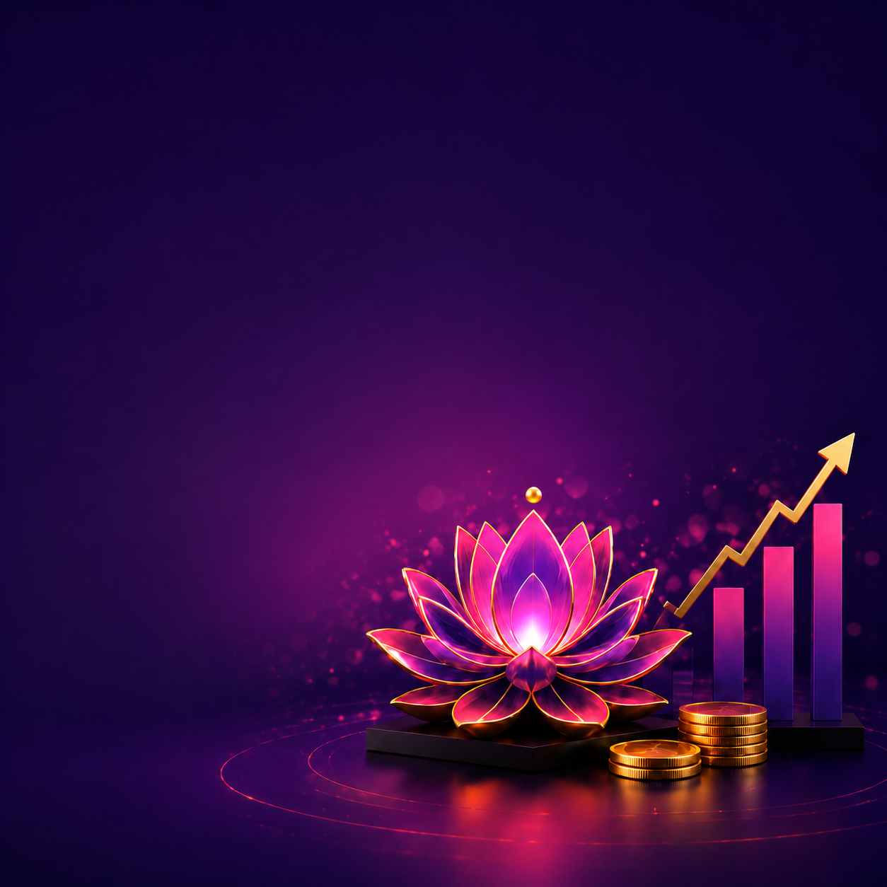 Glowing lotus with gold coins and a rising growth chart